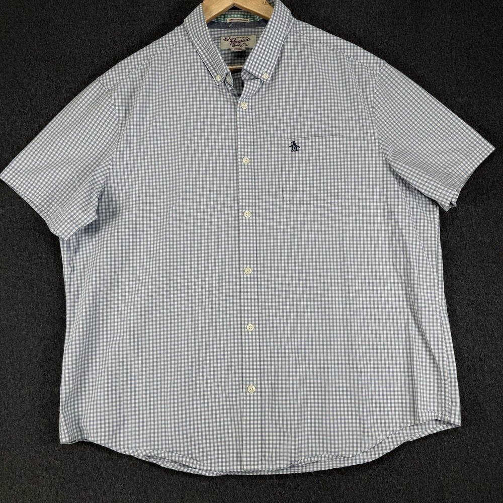 Original Penguin Mens XXL Blue White Gingham Short Sleeve Heritage Slim Fit